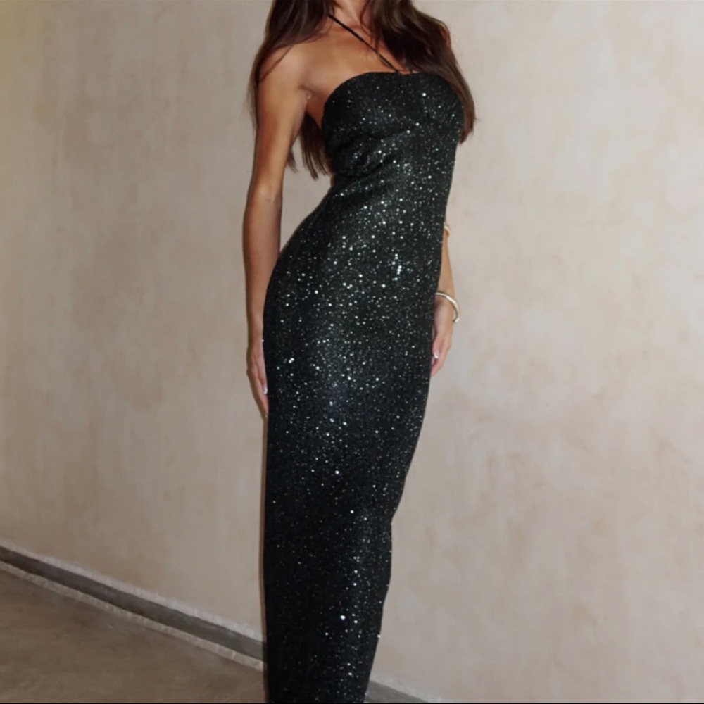 White Fox Black Sparkly Metallic Knit Maxi Dress